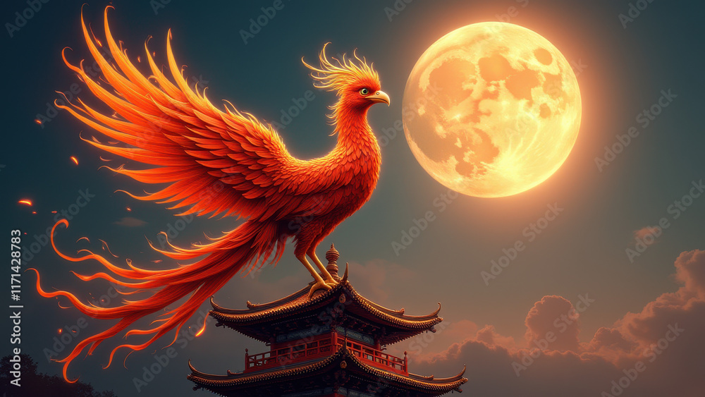 Fototapeta premium Mythical Phoenix, Moonlit Pagoda - Fantasy & Mythical Creatures
