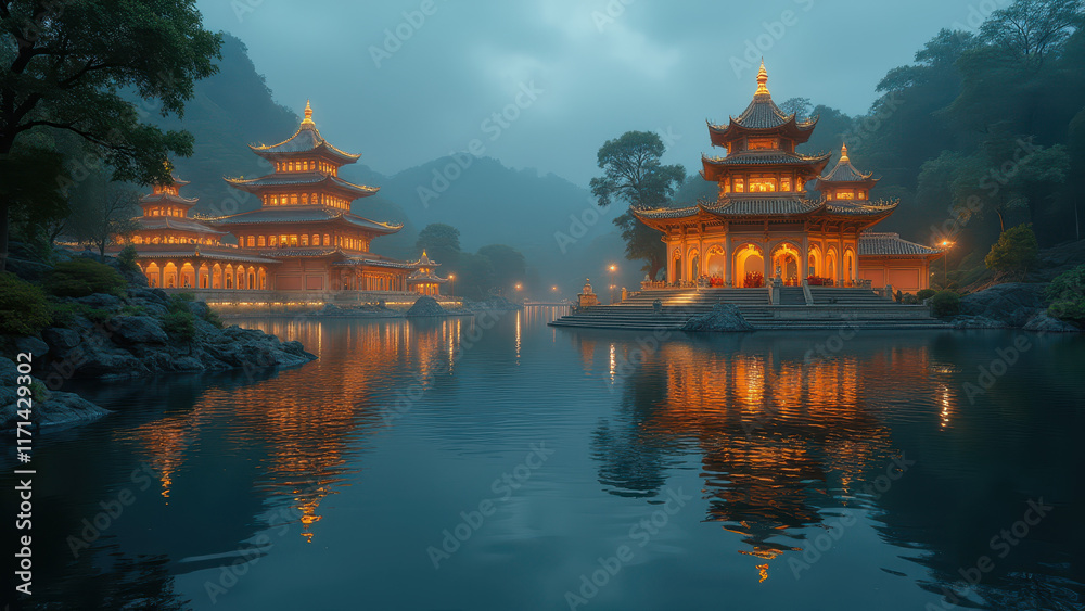 Naklejka premium Serene Asian Temples at Dusk - Tranquil/Serene Landscapes: The imag.