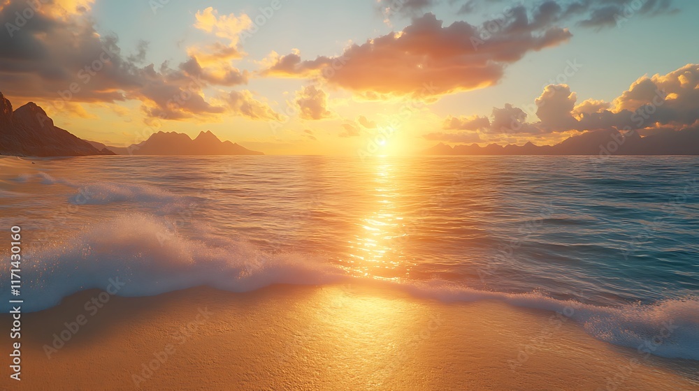 Fototapeta premium Sunset over ocean waves beach view nature photography serenity