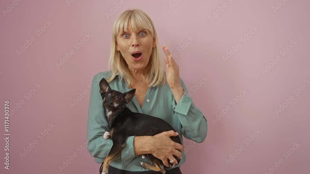 Middle age blonde woman and dog standing in shirts, mouths open in surprise and scared disbelief, isolated over pink background Middle age blonde woman and dog standing in shirts, mouths open in surprise and scared disbelief, isolated over pink background