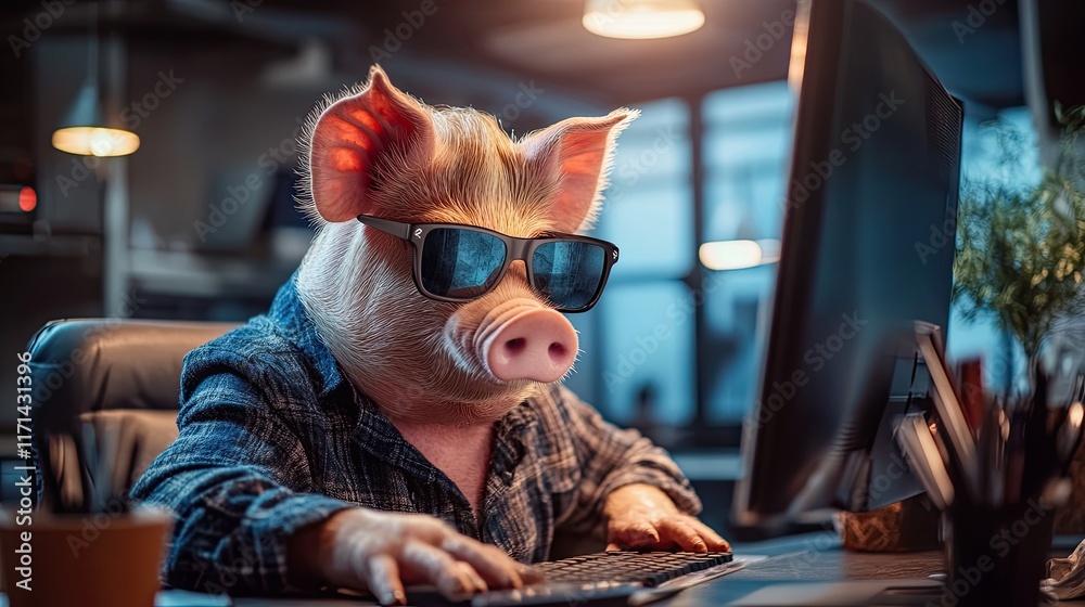 a pig in stylish clothes wearing sunglasses works at a computer in a luxury office, creating a modern work environment a pig in stylish clothes wearing sunglasses works at a computer in a luxury office, creating a modern work environment