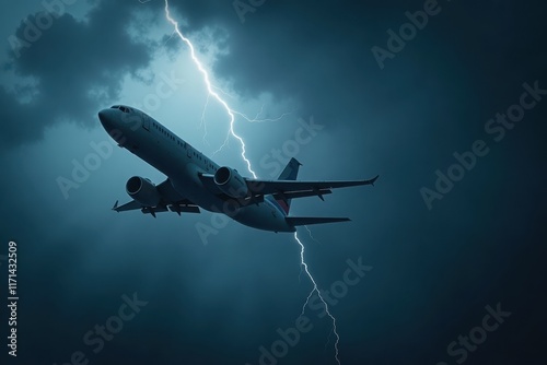 A damaged airplane is seen soaring through a stormy sky, with dark clouds swirling around it. Lightning strikes in the distance, illuminating the chaotic scene as the plane struggles to stay airborne