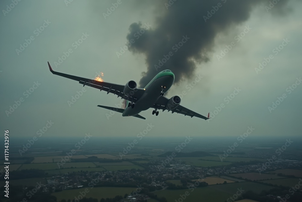 A smoking passenger airplane is spiraling down through a cloudy sky, with flames flickering from its wings. A smoking passenger airplane is spiraling down through a cloudy sky, with flames flickering from its wings.