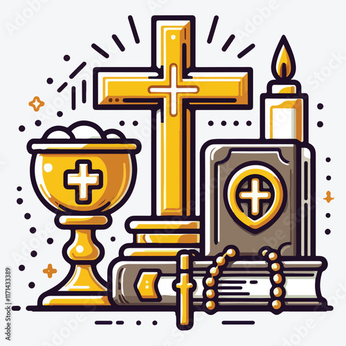 Christian icons set. Risen icons. Cross, communion, bible, and so on. Vector stock illustration