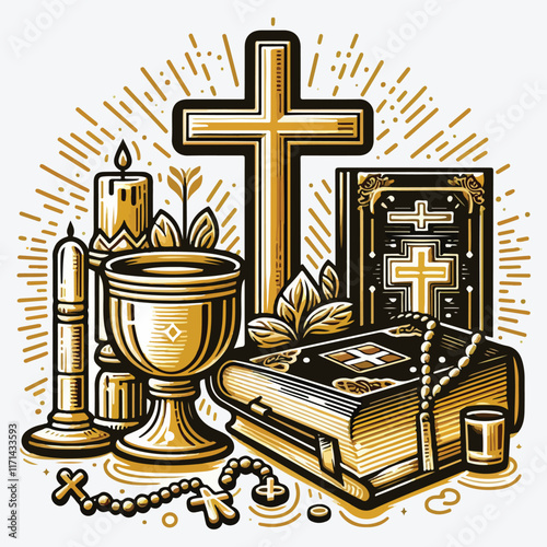 Christian icons set. Risen icons. Cross, communion, bible, and so on. Vector stock illustration