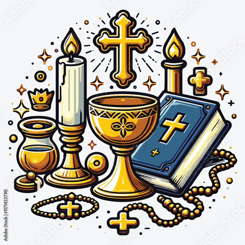 Christian icons set. Risen icons. Cross, communion, bible, and so on. Vector stock illustration