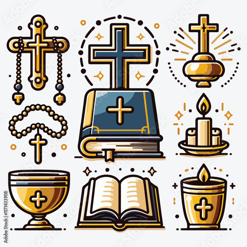 Christian icons set. Risen icons. Cross, communion, bible, and so on. Vector stock illustration