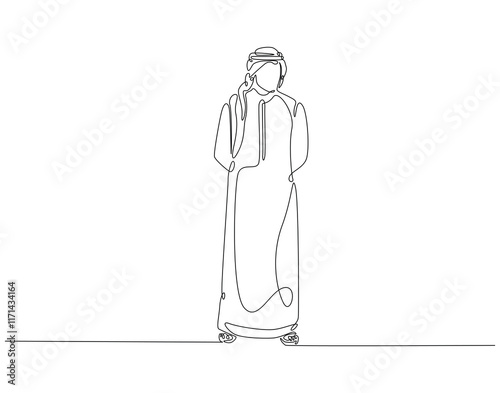 Continuous line drawing of arabian man. Single line illustration of arabic man standing. Islamic, muslim, arab concept. Editable outline