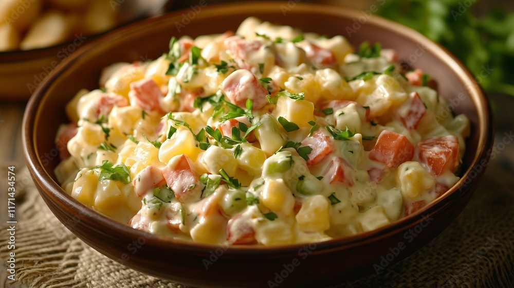 Close-up of a traditional Olivier salad in a brown ceramic bowl. In the foreground are bright pieces of potatoes, carrots, cucumbers, herbs and mayonnaise dressing. Close-up of a traditional Olivier salad in a brown ceramic bowl. In the foreground are bright pieces of potatoes, carrots, cucumbers, herbs and mayonnaise dressing.
