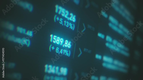 Stock Market And Exchange Board Background/ Animation of a business stock exchange market background with bitcoins currencies data and numbers and close-up of software screen with depth of field