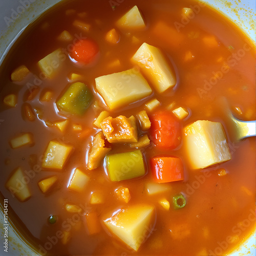 An unappetizing vegetable soup made from old, overcooked vegetables, with visible signs of mushiness and lack of color, served in a bowl with a spoon. photo