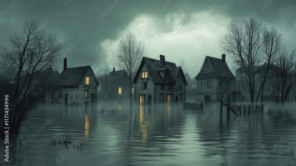 Fototapeta premium Flooded Village Houses Under Rainy Skies