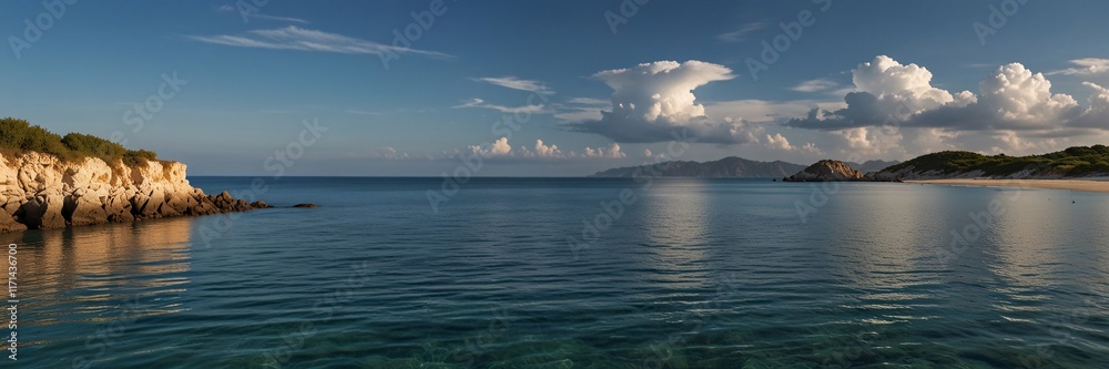Serene Panoramic Beach with Waves and Distant Mountains V5 Serene Panoramic Beach with Waves and Distant Mountains V5