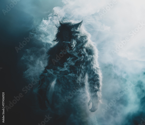 A terrifying werewolf standing in the mist