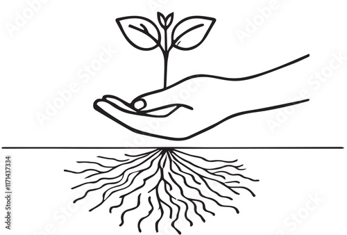 Hands holding Plant Save Our Earth Line Art Drawing vector