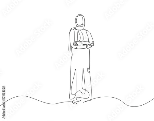 Continuous line drawing of arabian woman. Single line illustration of muslim woman wearing hijab. Islamic, muslim, arab concept. Editable outline