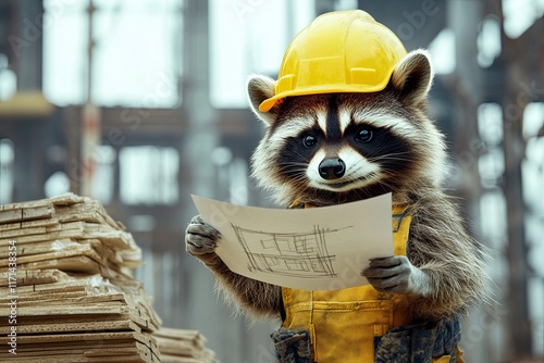 raccoon in a yellow helmet, in construction clothes. against the backdrop of construction. holding drawings in his hands. photo