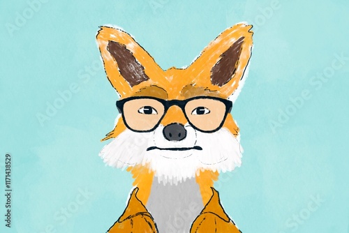 Colorful illustrated fox wearing glasses on a blue background photo