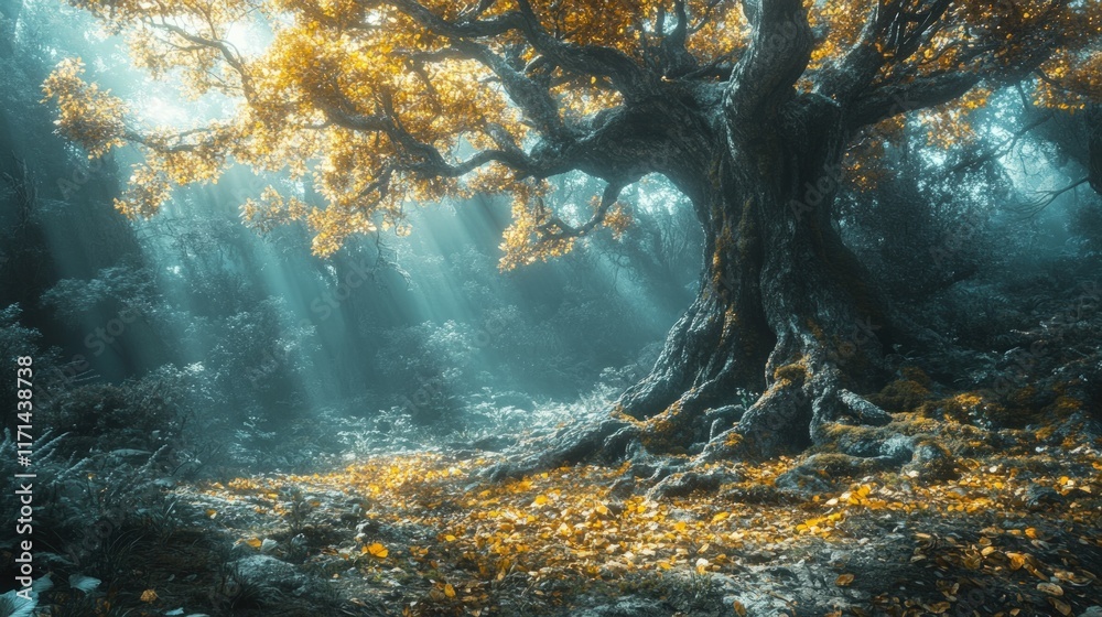 Fototapeta premium Ancient tree, golden leaves, sunlit forest.