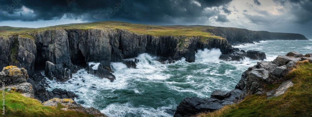 Obraz premium A captivating view of a rugged coastline with dramatic cliffs and crashing waves under a stormy sky, Coastal cliffs scene, Dramatic style