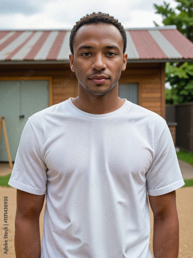 Fototapeta premium Retrato de un hombre negro en el jardín de una casa vistiendo una camiseta blanca de algodón casual