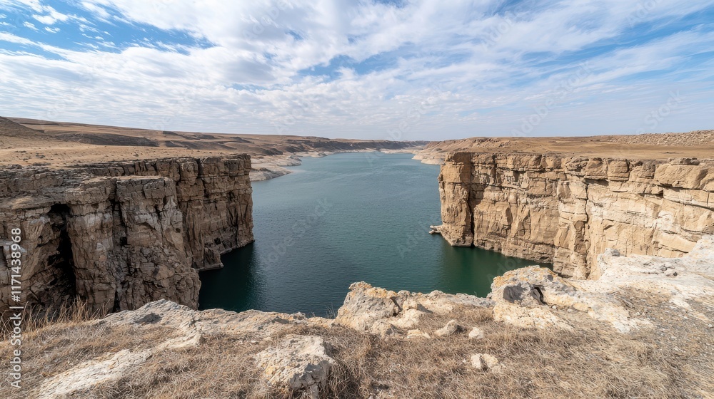 Stunning Rocky Cliffs Overlooking Serene Blue Waters of a Large Reservoir Under a Cloudy Sky in a Breathtaking Natural Landscape Stunning Rocky Cliffs Overlooking Serene Blue Waters of a Large Reservoir Under a Cloudy Sky in a Breathtaking Natural Landscape