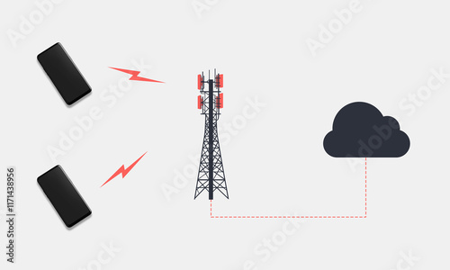 Diagram showing the connection between mobile devices, cellular infrastructure, and cloud services. Smartphones connecting the internet through a telecom tower.