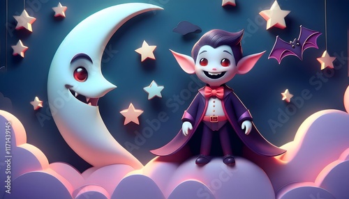 Cute Vampire Cartoon Character on Moonlit Clouds Halloween Night