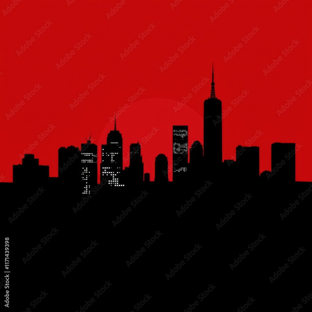 Naklejka premium City skyline with sunset and park in foreground skyline silhouette
