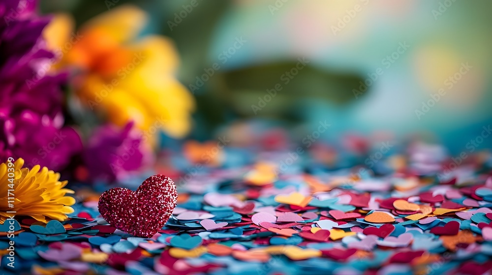 Obraz premium Vibrant heart shaped confetti scattered across a table creating a colorful and festive backdrop for a Valentine s Day The scattered confetti symbolizes love romance