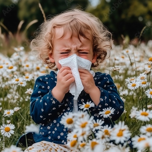 Child sneezing in a field of flowers during springtime, hay fever advertising image, hay fever medication advertisement photo