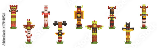 Totem Pole Monument Carved with Animal Figures Vector Set