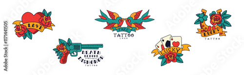 Old School Traditional Tattoos Emblem Vector Set