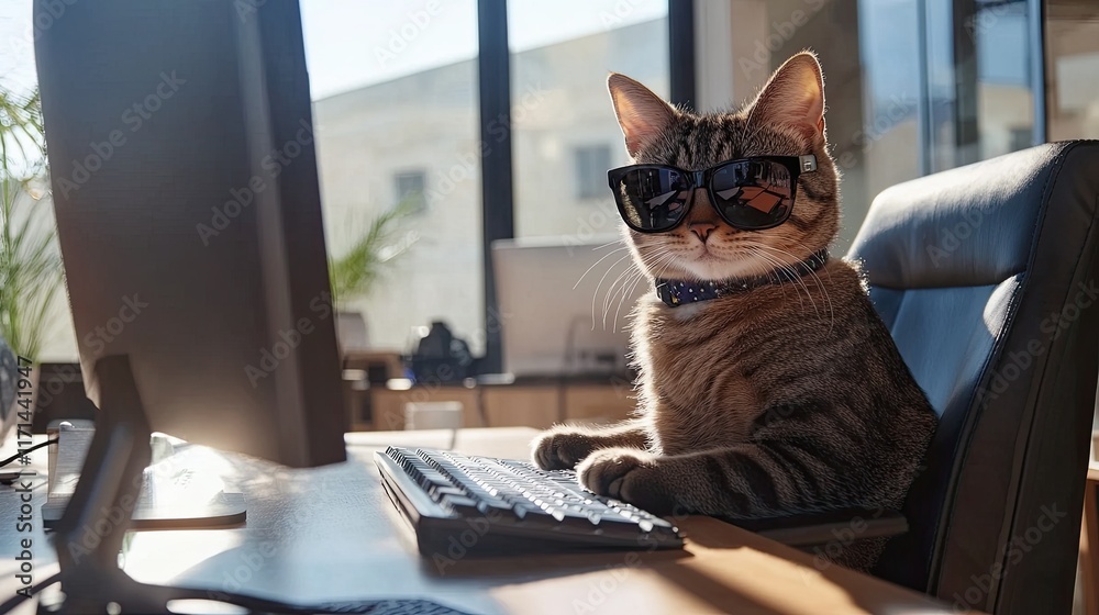 Stylish cat in sunglasses works at a computer in a luxury office, creating a modern work environment. Stylish cat in sunglasses works at a computer in a luxury office, creating a modern work environment.