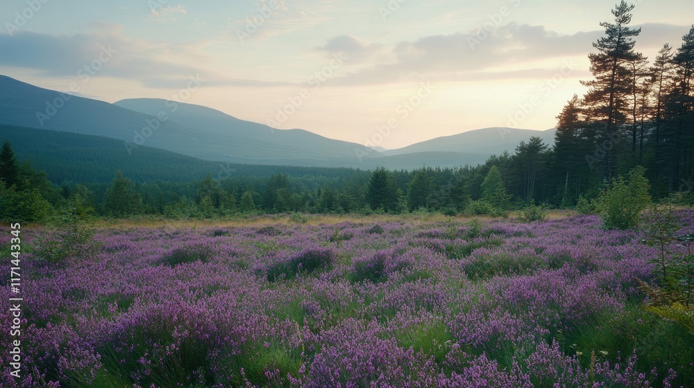 Serene Lavender Field in Mountain Landscape Serene Lavender Field in Mountain Landscape