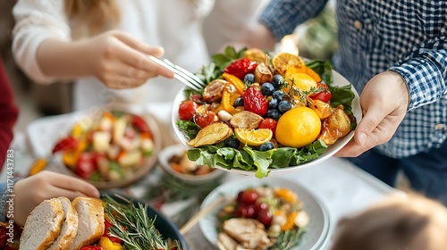 Joyful Family Gathering Around Homemade Fresh and Colorful Meal on Beautifully Decorated Table Celebrating a Special Occasion with Abundance of Delicious Food and Togetherness