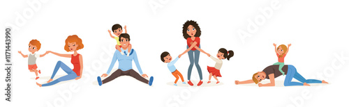 Exhausted Mom and Dad with Hyperactive Child Claiming Attention Vector Set