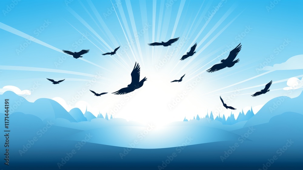 Fototapeta premium Silhouetted birds soaring gracefully in a blue sky, representing freedom and joy in flight.
