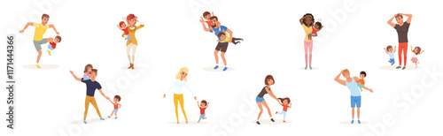 Exhausted Mom and Dad with Hyperactive Child Claiming Attention Vector Set