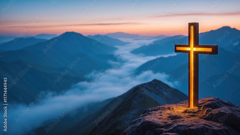 Illuminated Cross on Rocky Peak at Dawn Illuminated Cross on Rocky Peak at Dawn
