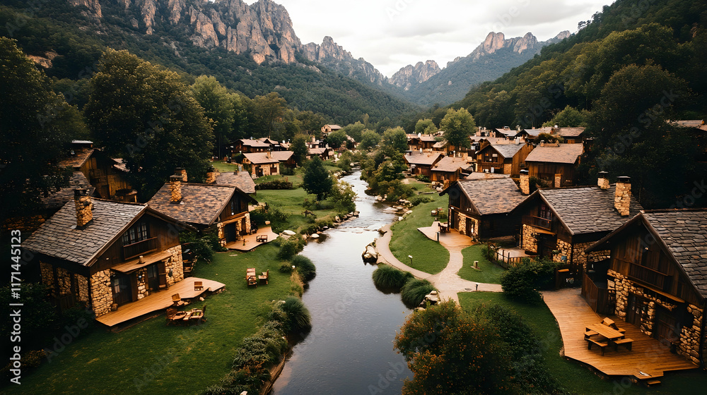 Fototapeta premium Mountain village with river, scenic homes.