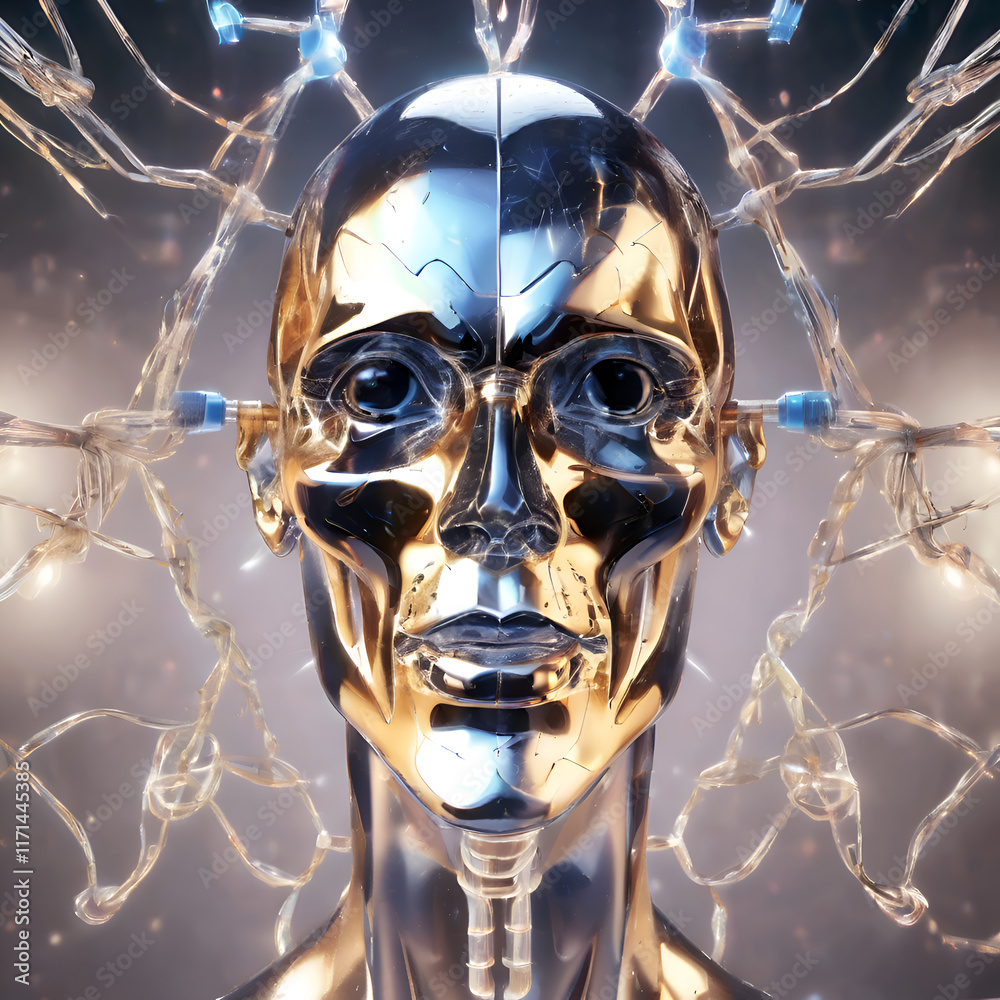 visual concept of Artificial intelligence as robot face against grey background. machine learning and technology background. Ai generated.