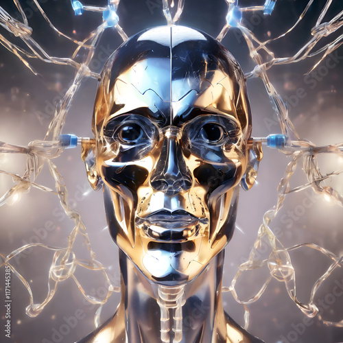 Obraz na płótnie visual concept of Artificial intelligence as robot face against grey background. machine learning and technology background. Ai generated. w salonie
