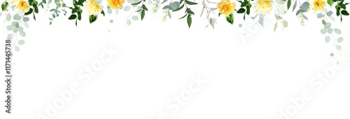 Yellow rose, peony, white lilac, tulip, magnolia, spring garden flowers, mint eucalyptus, greenery, fern,vector design banner. Wedding summer bouquet invitation. Elements are isolated and editable