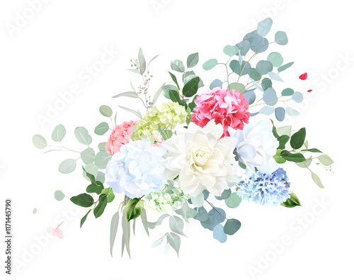 Dusty blue hyacinth, beige dahlia, white magnolia, red and green hydrangea, greenery eucalyptus vector design bouquet. Wedding seasonal flowers. Floral watercolor composition. Isolated and editable