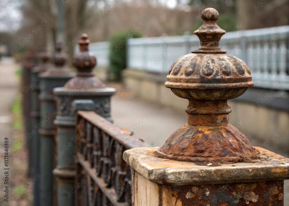 old, rusted fence with decorative top pieces. The fence appears to be made of metal and is weathered, indicating it has been exposed to the elements for a long time. old, rusted fence with decorative top pieces. The fence appears to be made of metal and is weathered, indicating it has been exposed to the elements for a long time.