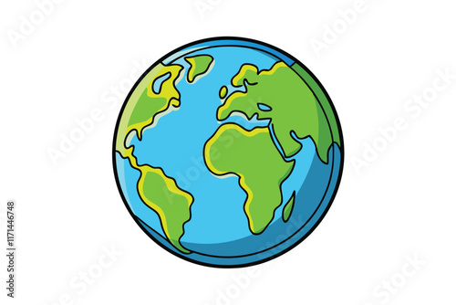 Cartoon Earth globe illustration featuring continents in vibrant green and blue, isolated on a white background, perfect for educational use