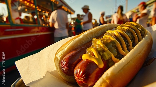 Delicious hot dog with mustard and relish at a fair.