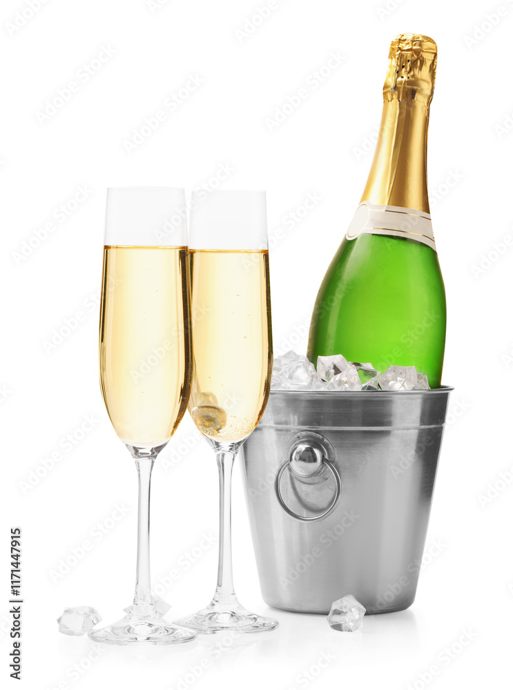Champagne and bucket with ice isolated on white Champagne and bucket with ice isolated on white