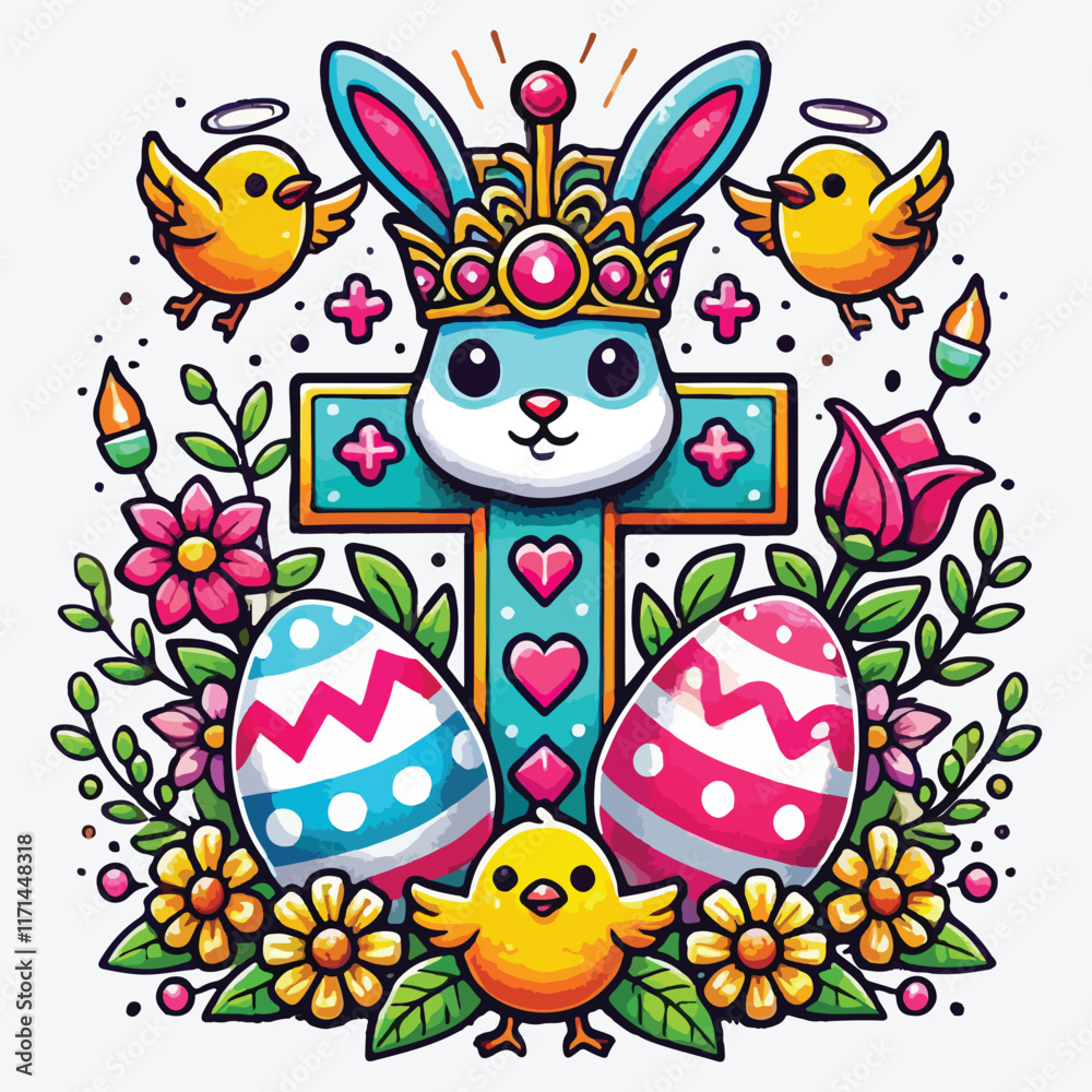 Obraz premium Cross egg crown rabbit Easter flower chick stock illustration
